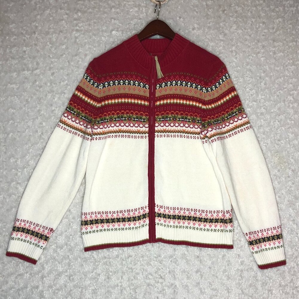 Tiara‎ Fair Isle Winter Long Sleeve Women's Zipper Up Sweater Size Large